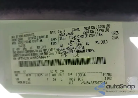 2014 Ford Econoline E250 Van z USA, uszkodzony, nr VIN 1FTNE2EW8EDA99716